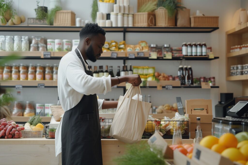 Ein Mann packt in einem Bio-Laden frische Lebensmittel in eine Papiertüte ein. Im Hintergrund sind Regale mit verschiedenen Bio-Produkten wie Obst, Gemüse und Konserven zu sehen.